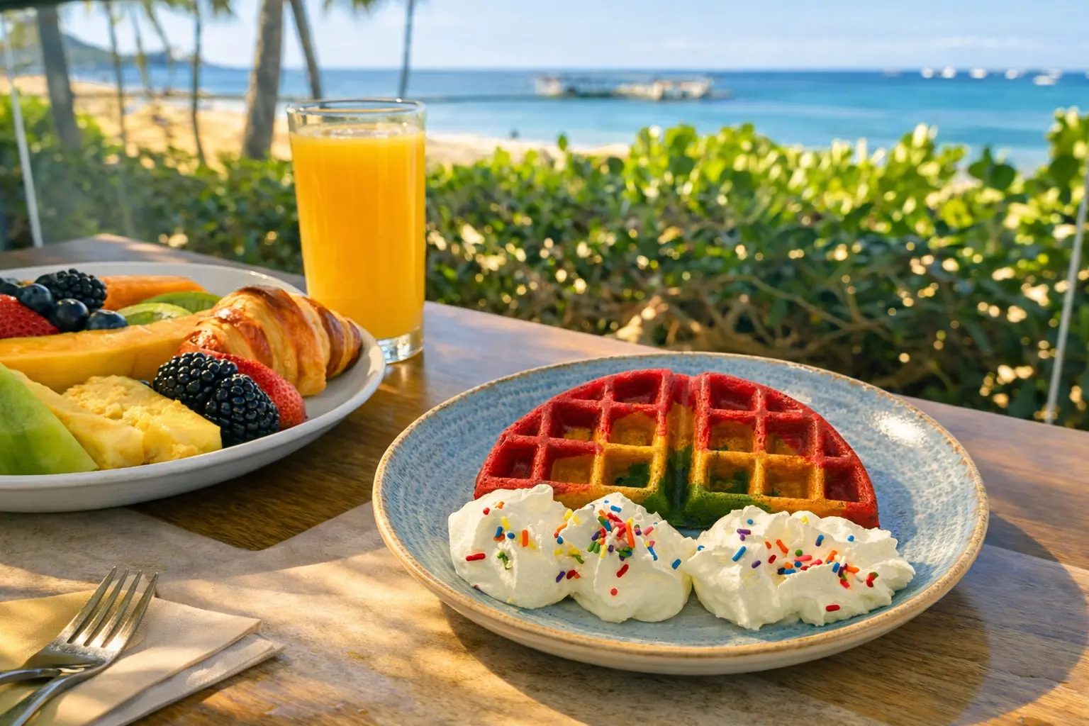 Breakfast at Bali Oceanfront with rainbow waffle on table and fruit plate and orange juice with a view towards the ocean and beach