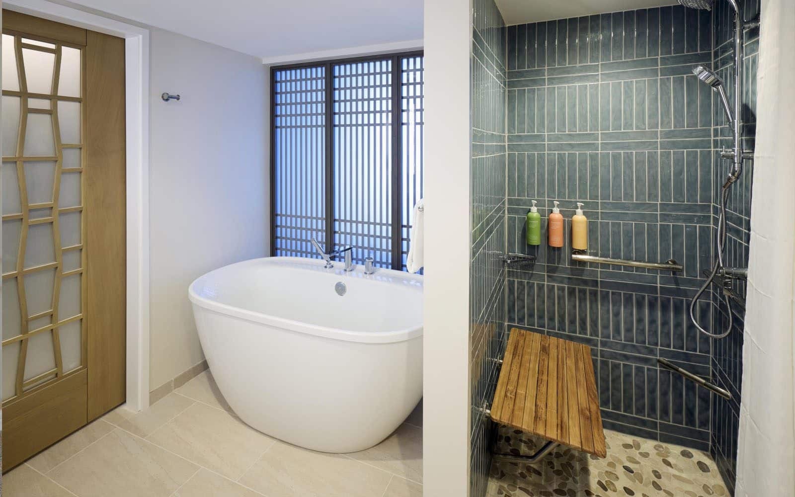 Rainbow Tower Accessible Bathroom with free standing tub and Roll-in shower