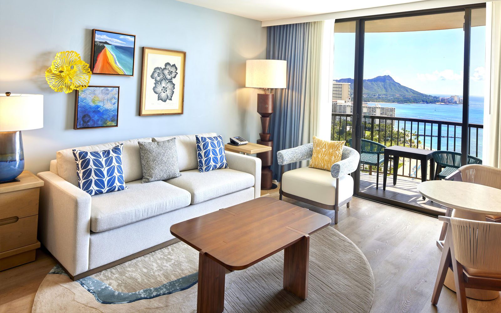 Rainbow oceanfront guest room parlor of a one bed room suite with Diamond Head Crater view