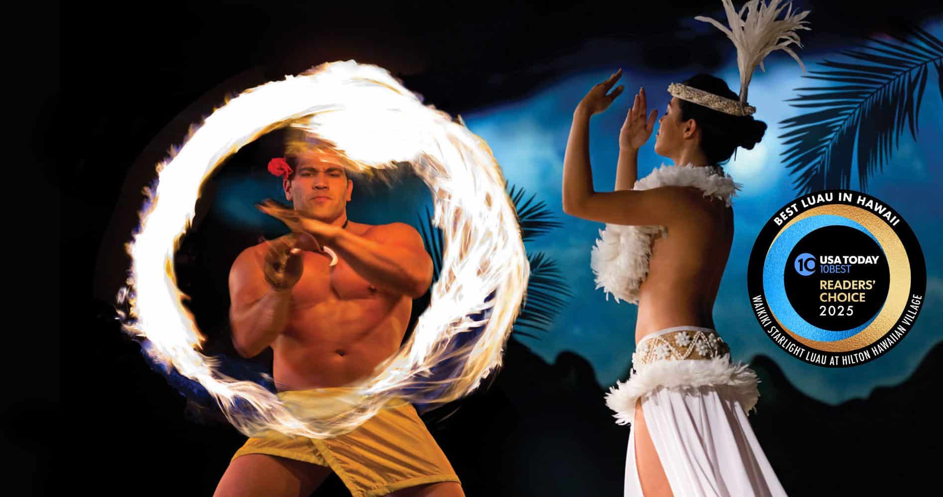 Waikiki Starlight Luau fire dancer and hula dancer with 10 Best Award