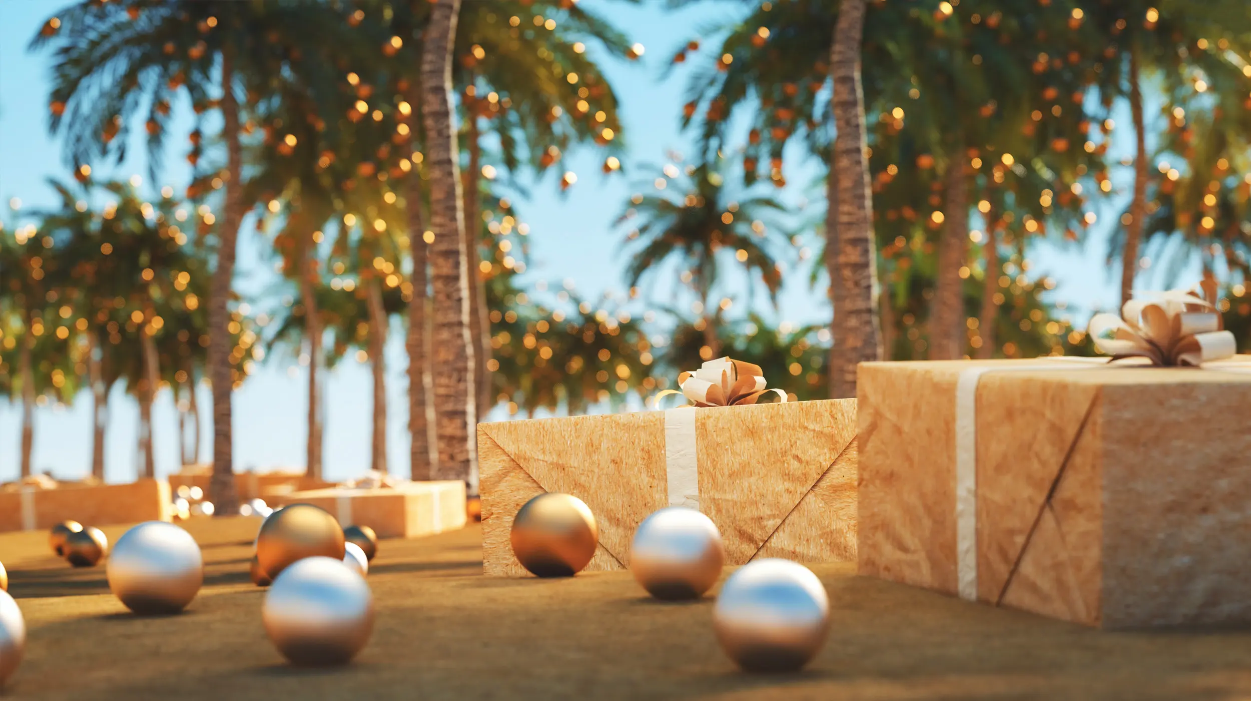 Festive palm trees decorated with lights