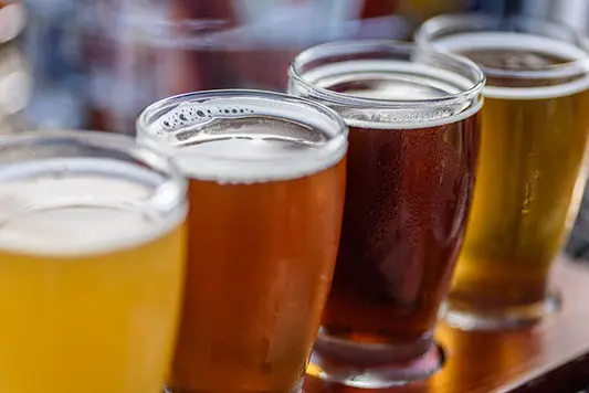 Four beer glasses in a row for a beer tasting