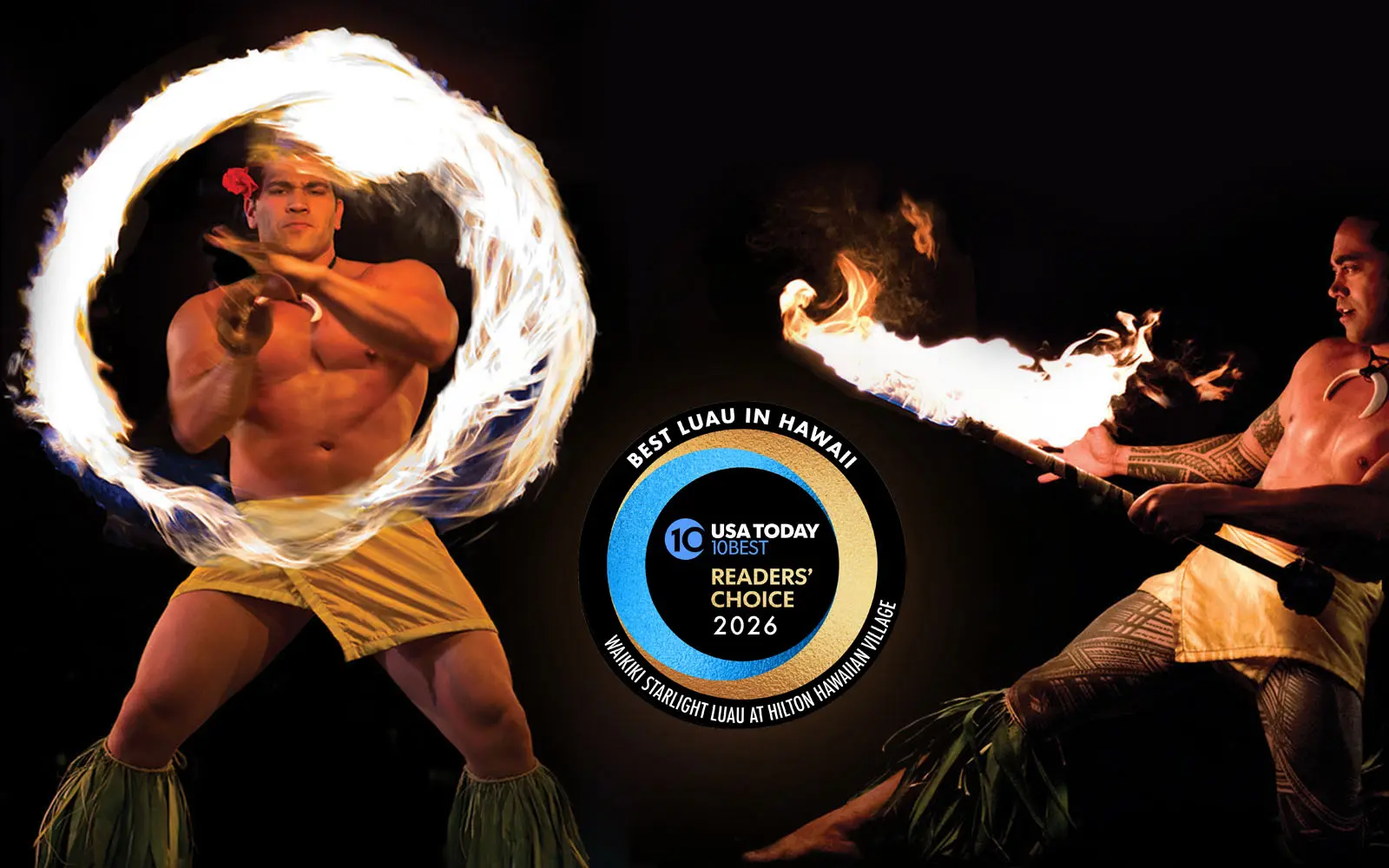 Fire knife dancers at luau with fire lit and twirling. In the center is a logo for 10 Best Luau in Hawaii by readers of USAToday