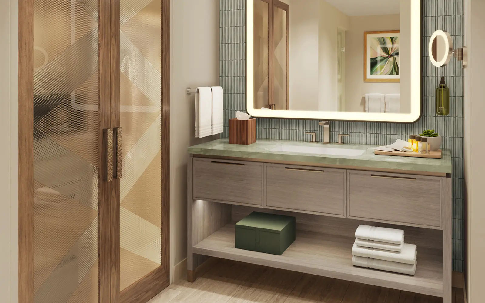 A rendering of a vanity mirror and sink at the The Ali'i