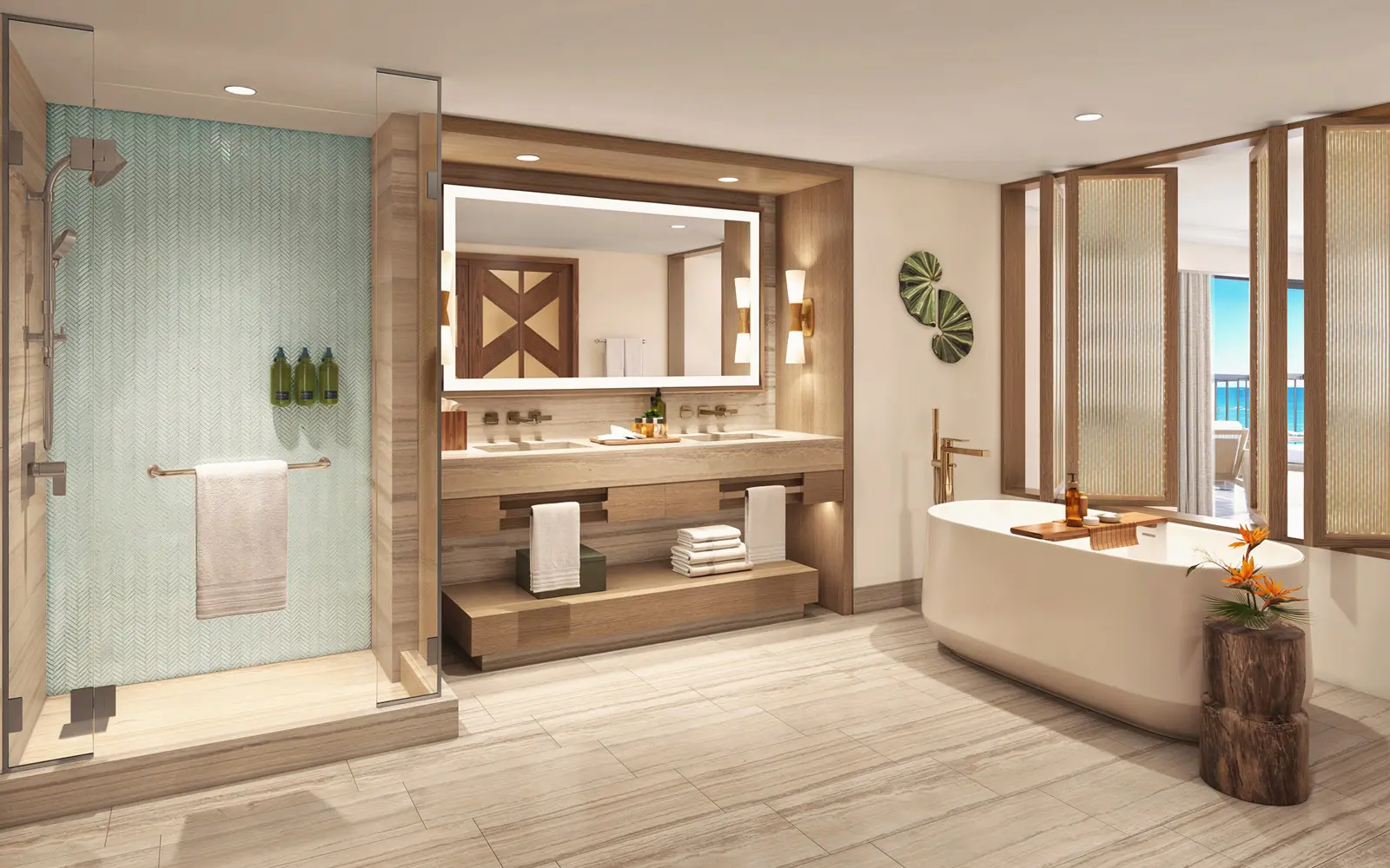 A rendering of a vanity mirror and tub at The Ali'i