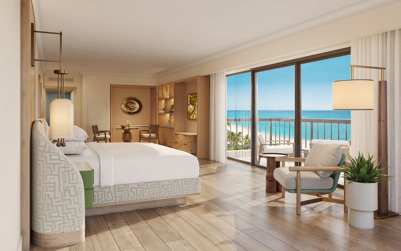 A rendering of the Corner Ocean Front King bedroom at The Ali'i