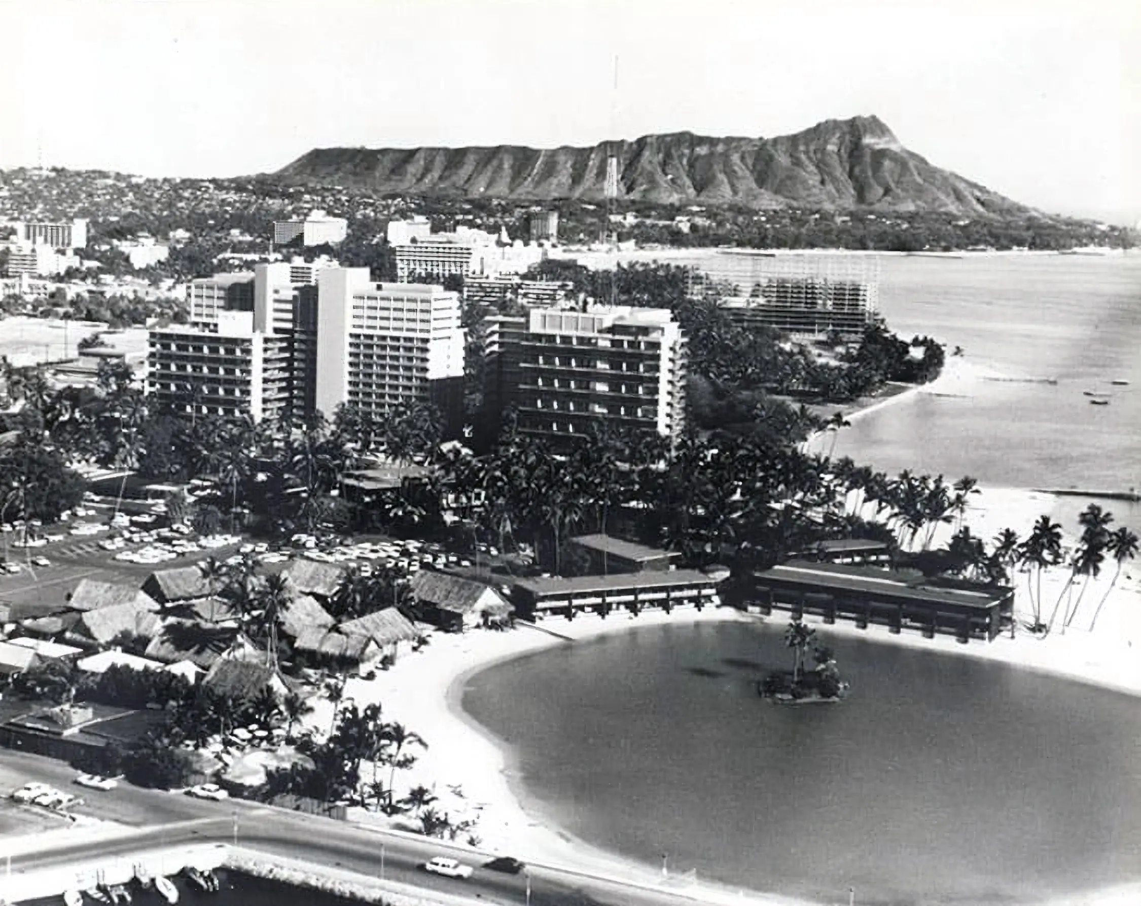 Aerial view of the Hilton Hawaiian Village in 1957.
