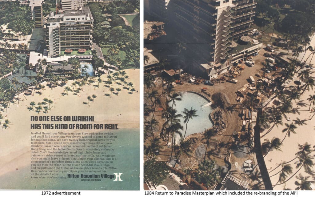1972 Advertisement featuring The Alii Tower and a photo of the construction of the pool and the masterplan renovation in 1984